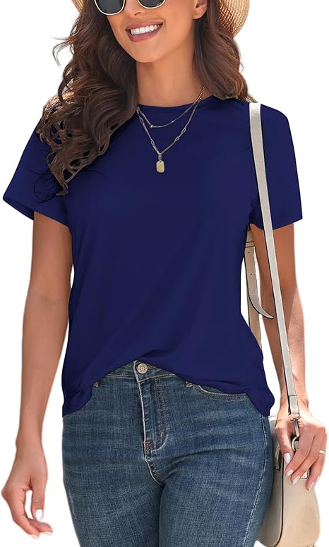 Basic T Shirts for Women UPF 50+ Short Sleeve Casual Summer Tops Trendy Solid Loose Fit Tshirt
